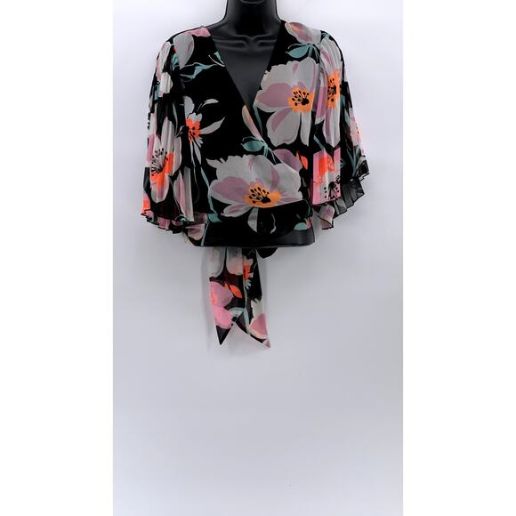 EXPRESS Women's Black Floral Print Sheer Wrap Tie Long Pleated Sleeve Top SZ L - Picture 1 of 12